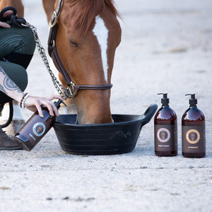 Horse feeding with Neighked Supplements  around him.