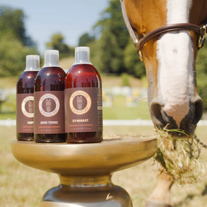 Skin Tonic, 100% & Gymnast supplements on a stand with horse eating grass behind.